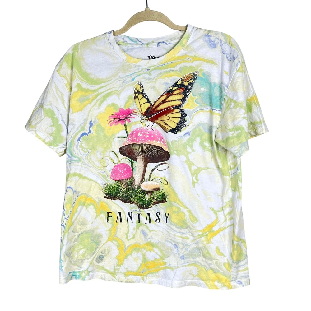 The Mountain Fantasy Mushroom‎ Butterfly Graphic Tee Womens Large Tie Dye Yellow